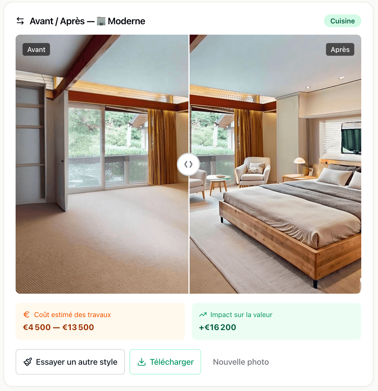 PimpUp avant/après — pièce vide transformée par home staging IA